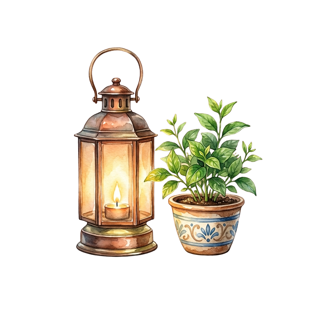 Illustration of a lit lantern beside a potted herb plant with green leaves