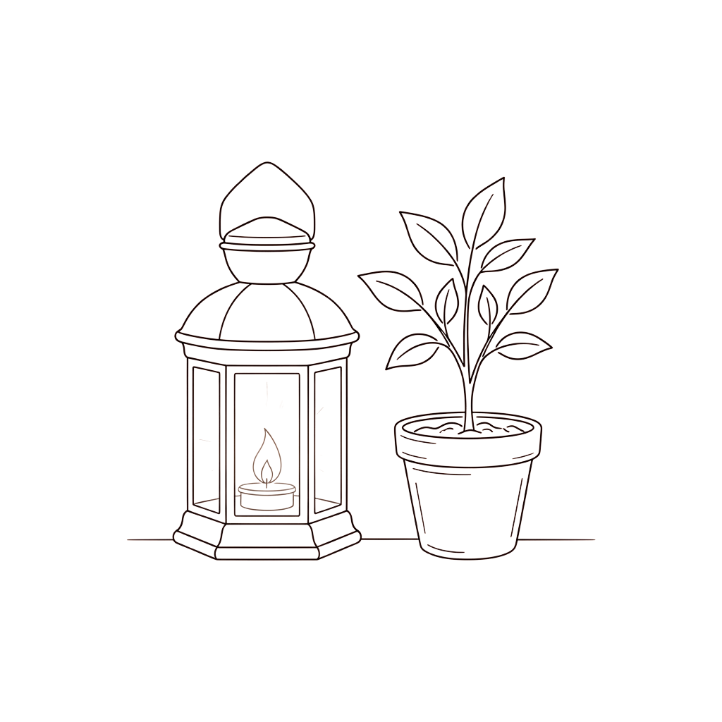 A white line drawing of a lit lantern with a candle and a potted plant with green leaves