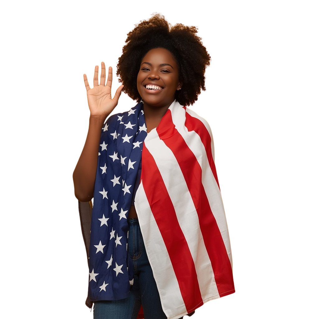 Person waving and smiling while draped in an American flag cape