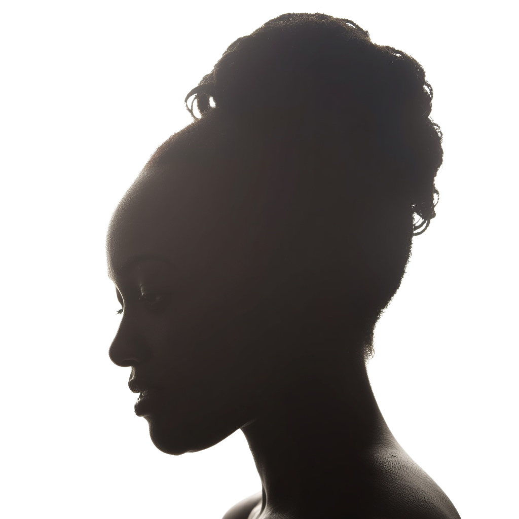 Silhouette of a woman with an updo hairstyle against a dark background with backlighting