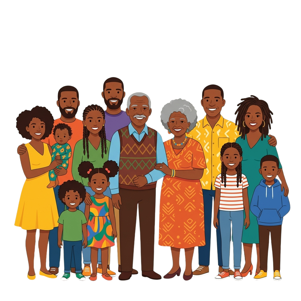 Illustration of a diverse, multigenerational family of 12 people standing together smiling
