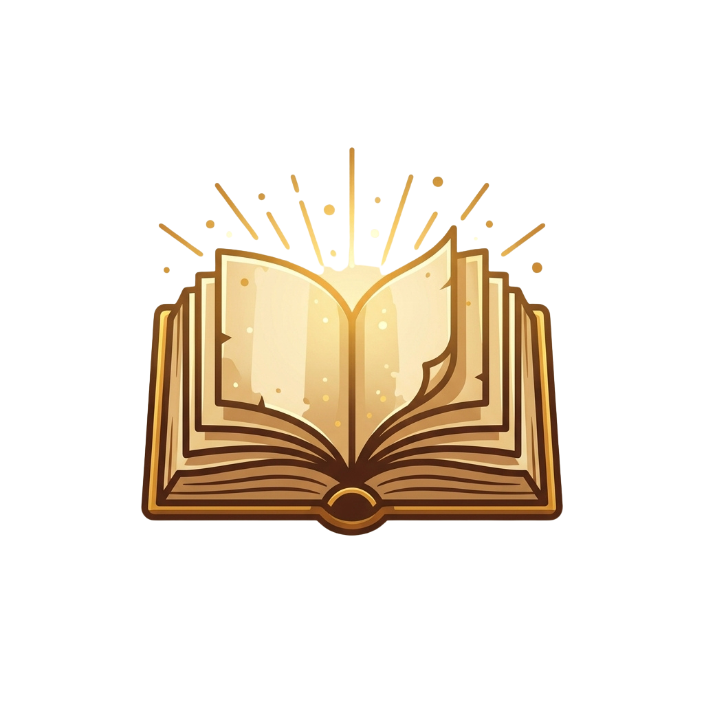 An open book emitting golden light and sparkles against a dark background