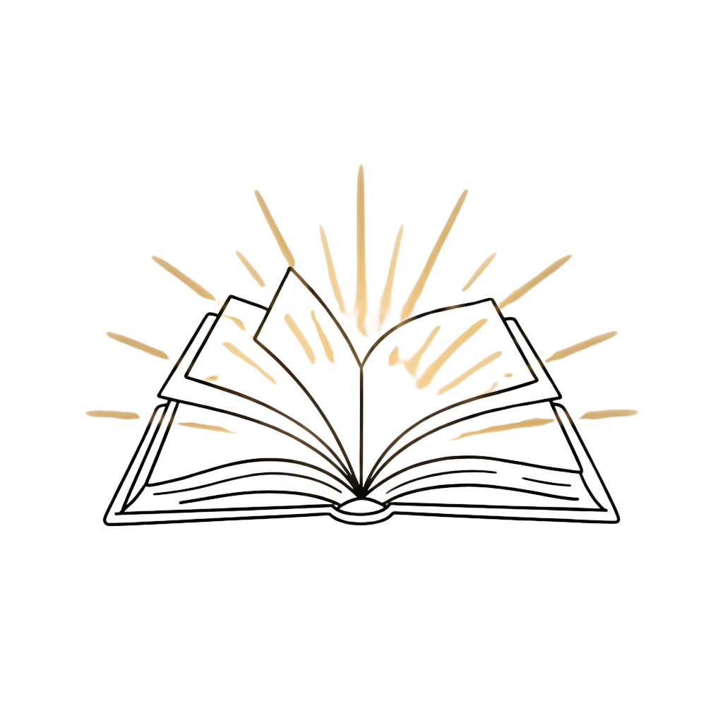 An open book emitting bright light beams radiating outward against a dark background
