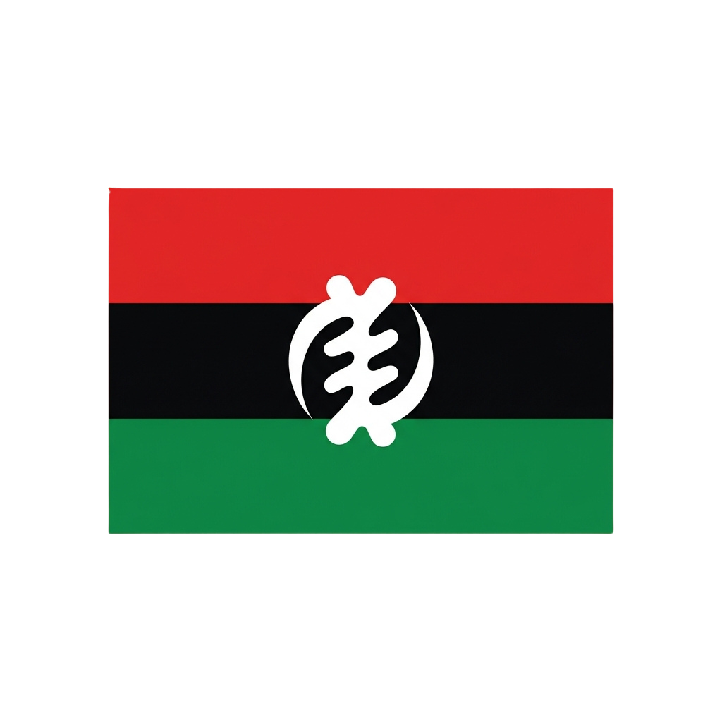 Flag featuring three horizontal stripes in red, black, and green with a white circular emblem in the center