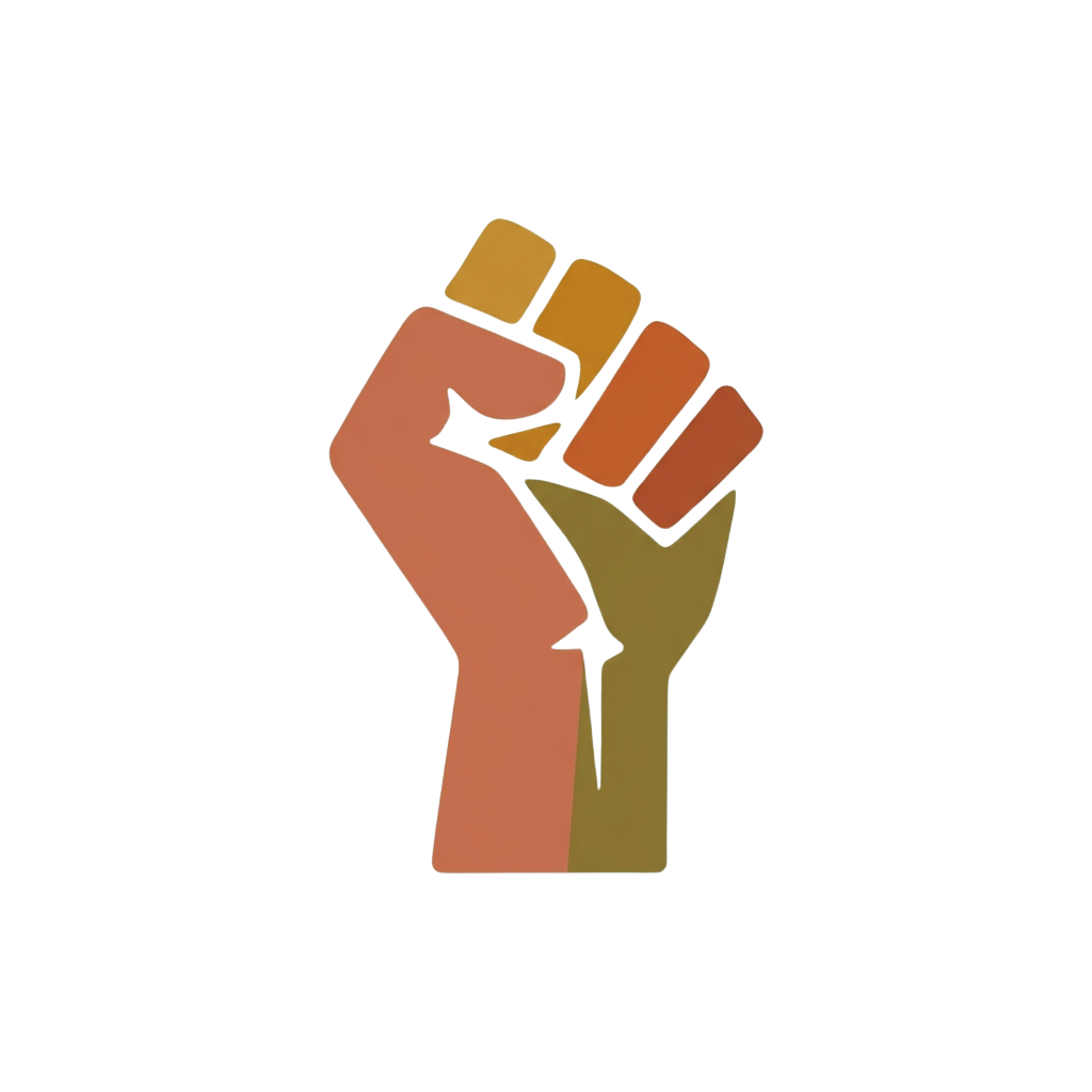A raised fist symbol in gradient colors on a black background