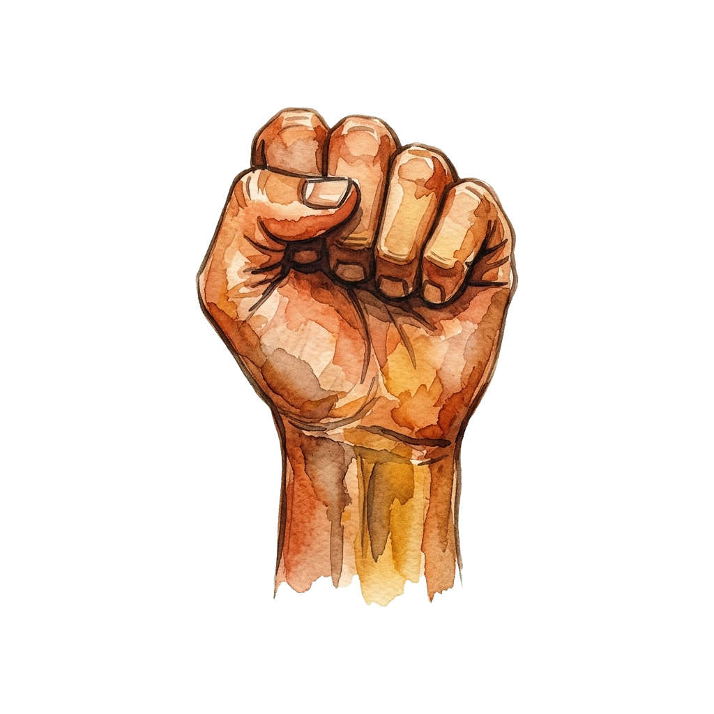 A clenched fist illustration with a watercolor effect, raised against a black background