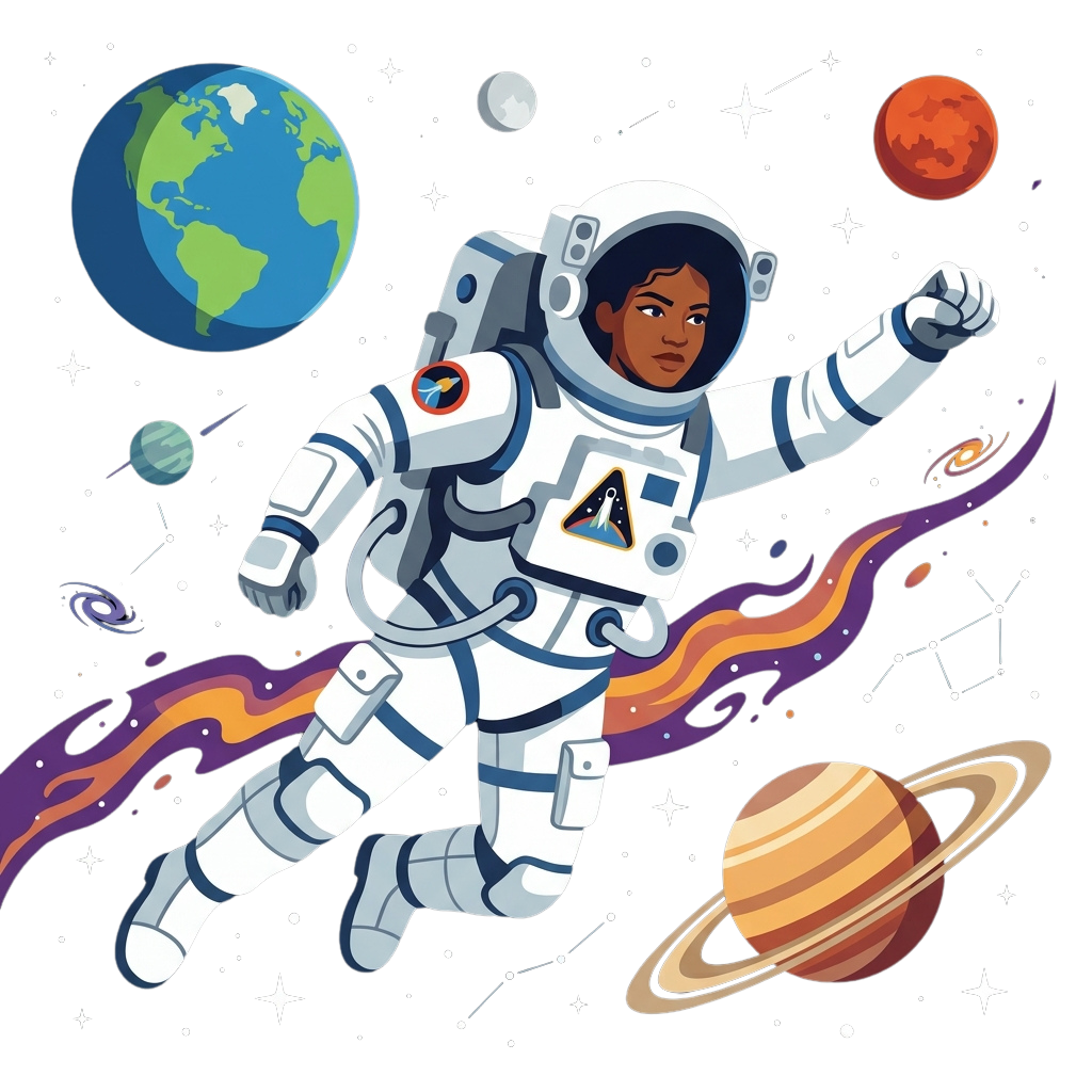 Illustration of an astronaut floating in space with planets and stars in the background.