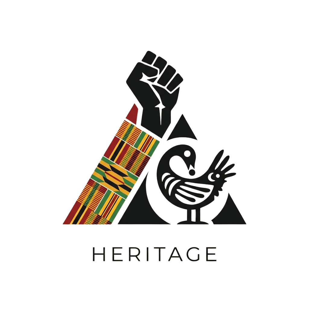 A clenched fist holding a colorful African fabric pattern with a bird silhouette, labeled Heritage