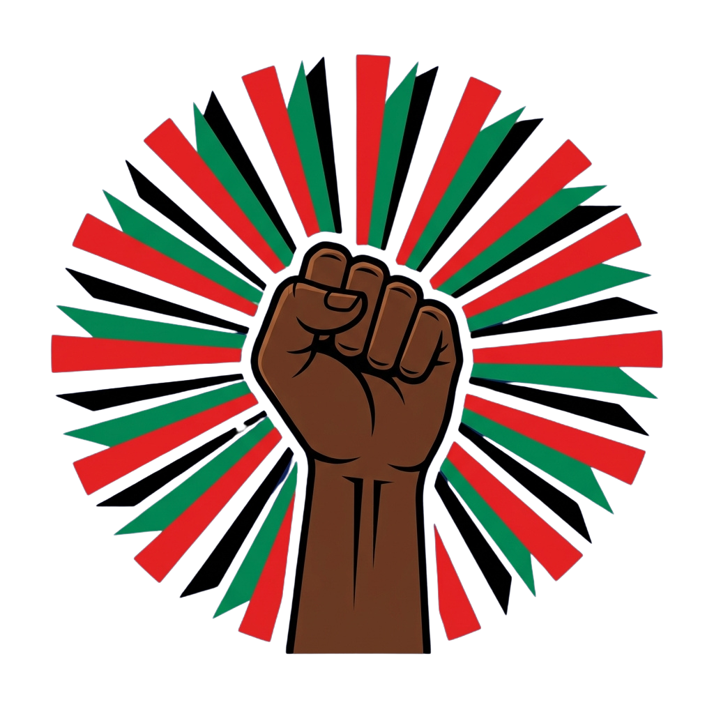 Fist raised against a background of radiating red, green, and black stripes representing Pan-African colors