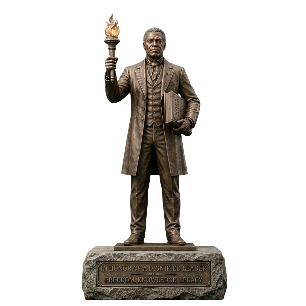 Bronze statue of a dignified leader holding a torch in one hand and a book in the other, standing on a stone pedestal.