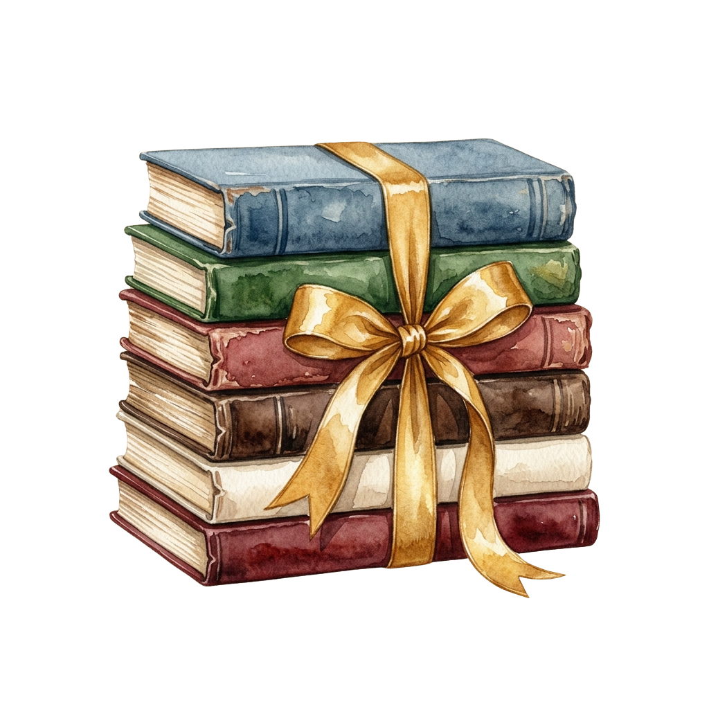 A stack of colorful books tied together with a golden ribbon against a black background