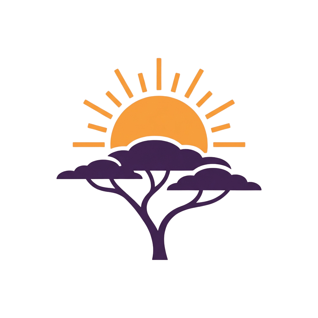 A baobab tree silhouette with a bright orange sun emitting rays in the background