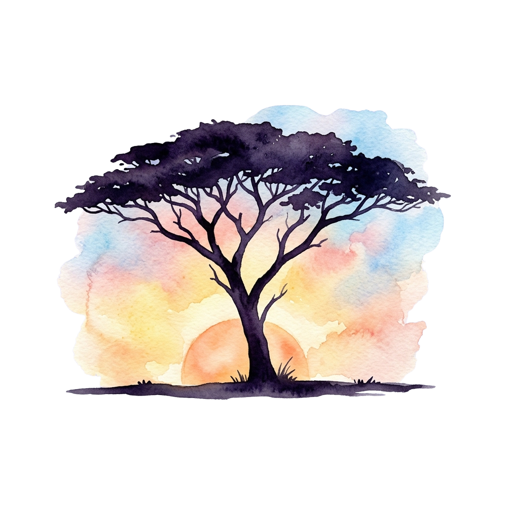 A watercolor tree silhouette at sunset with warm sky colors and soft clouds