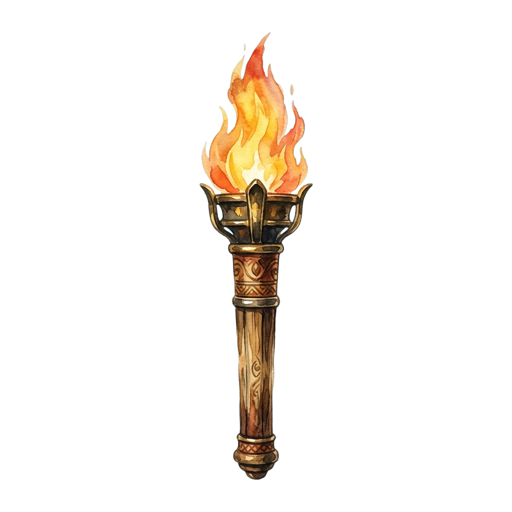 Illustration of a lit torch with intricate carvings on the handle and a bright flame at the top