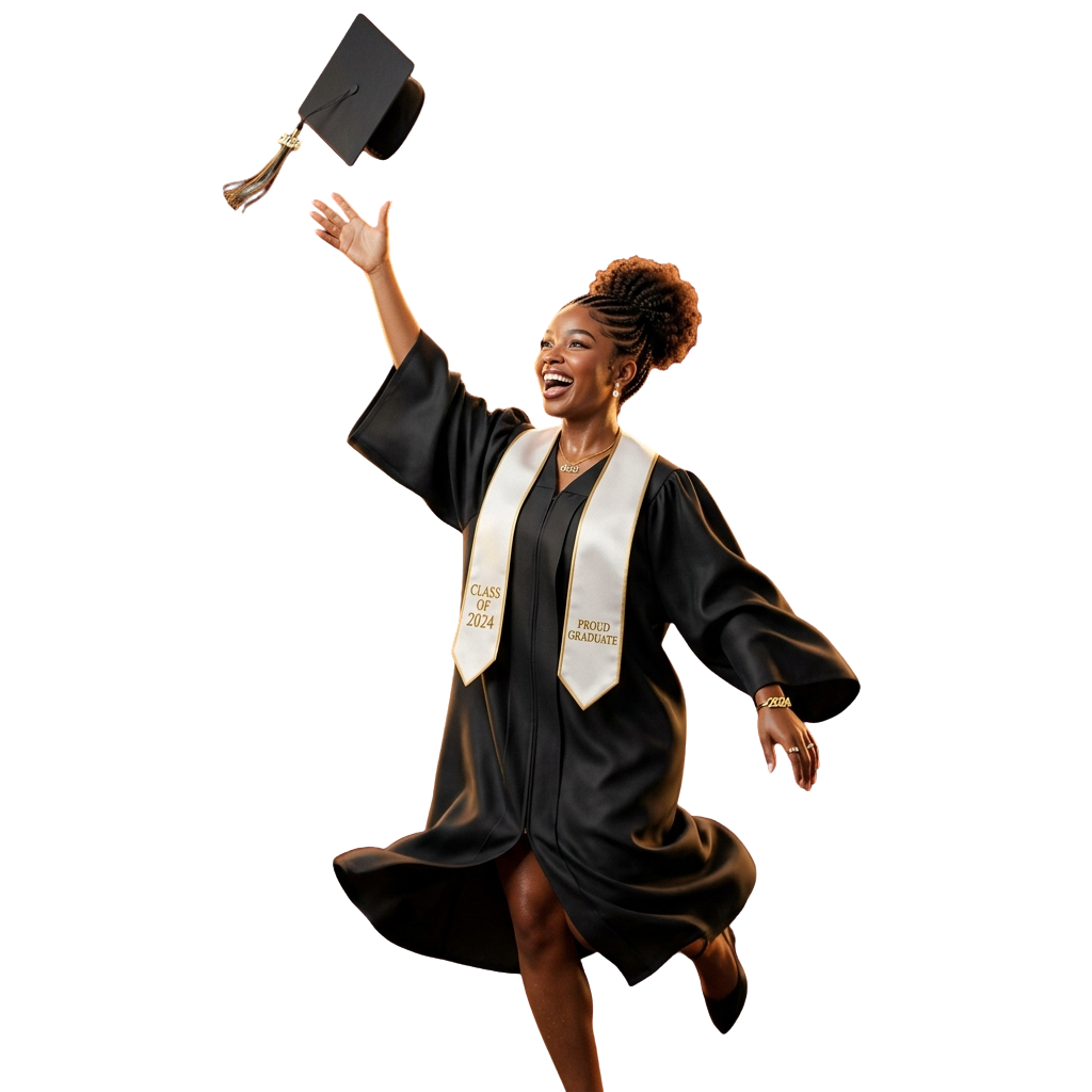 Person wearing graduation gown and cap, smiling and raising cap in the air