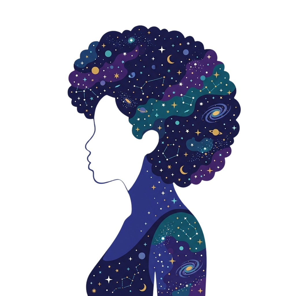 Silhouette of a woman with hair and skin decorated with stars, planets, and constellations in deep blues and purples