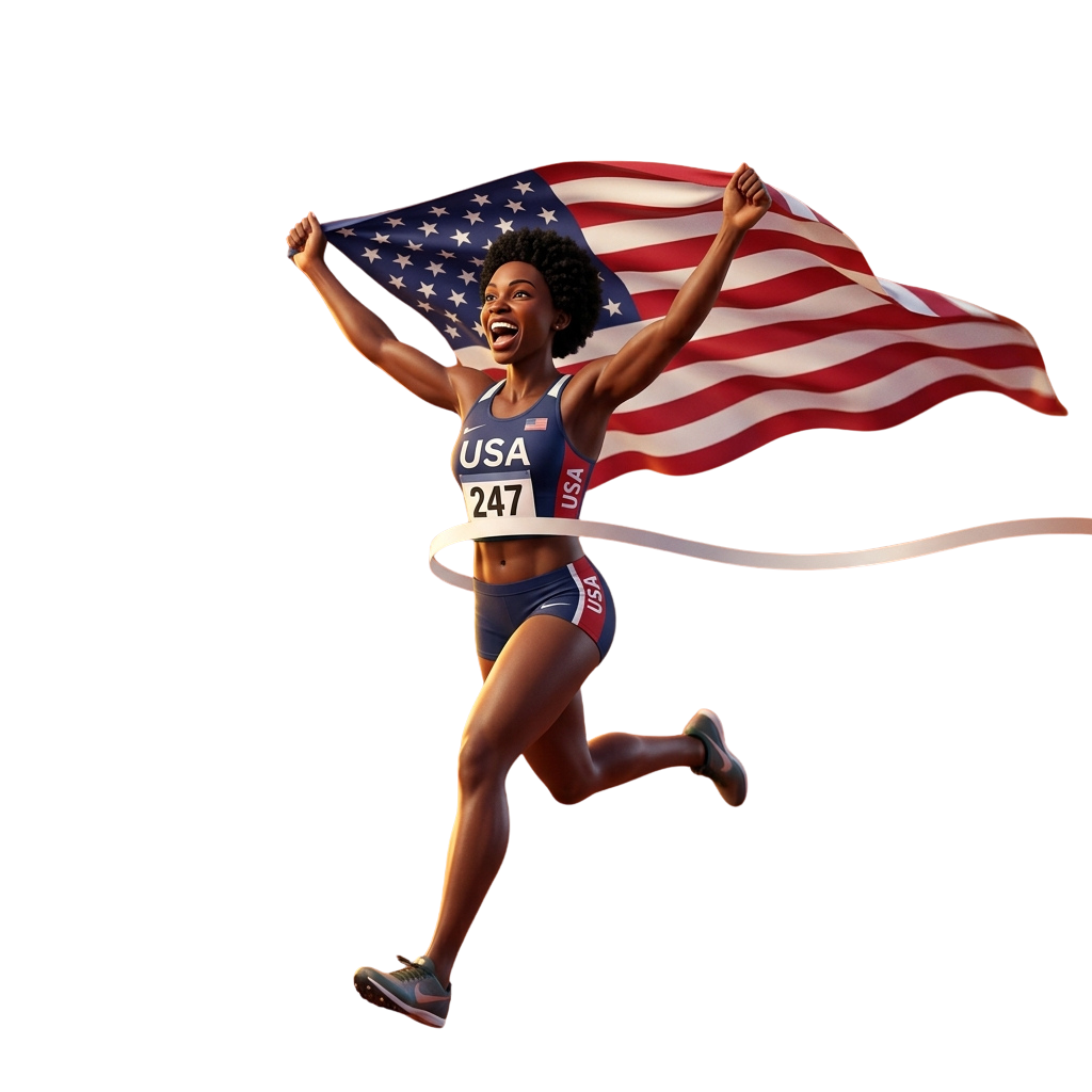 Female athlete crossing finish line with American flag, wearing USA uniform and bib number 247