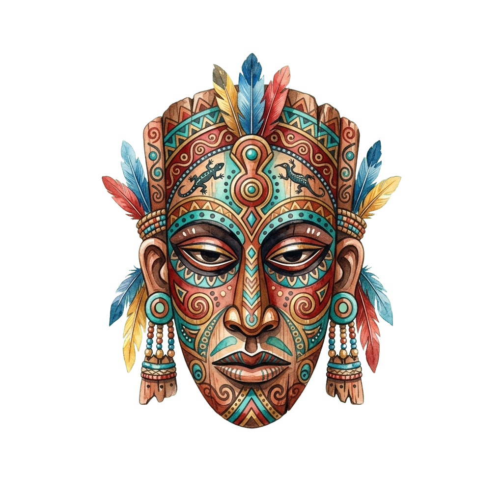 Intricate tribal face mask with vibrant patterns, feathers, and detailed geometric designs