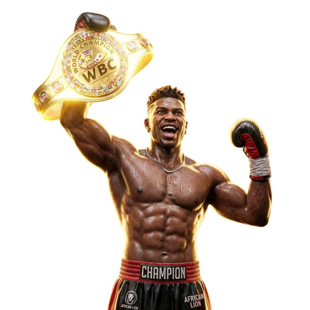 Boxer holding up a championship belt with both arms raised, wearing boxing shorts labeled Champion and African Lion