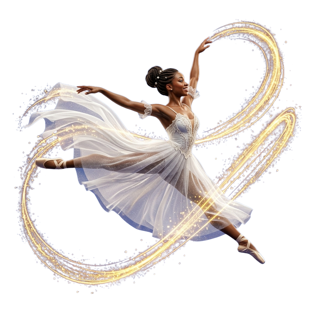 A ballerina in a white tutu gracefully twirling with arms extended, surrounded by golden light trails and sparkles.