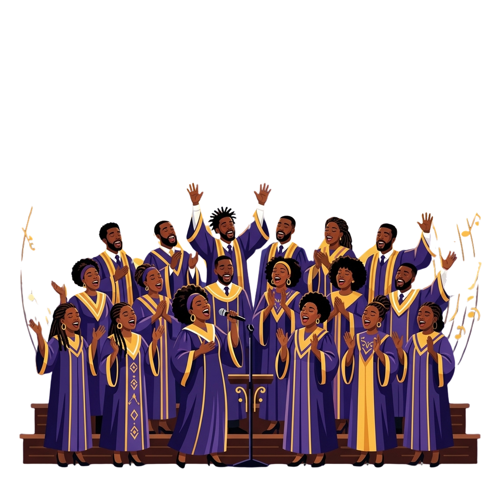 A diverse choir of 16 people dressed in purple robes with gold trim, singing passionately on stage.