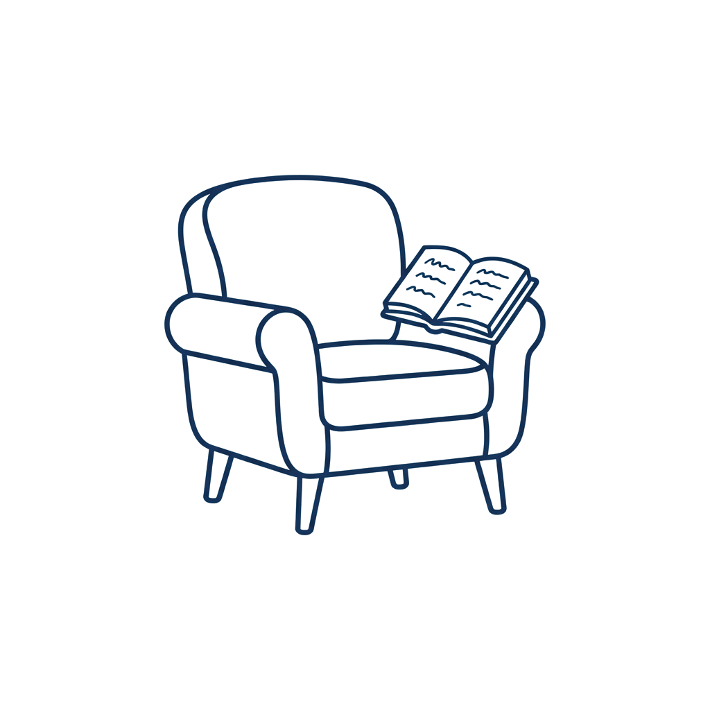 An armchair with an open book resting on its arm, outlined in blue against a dark background