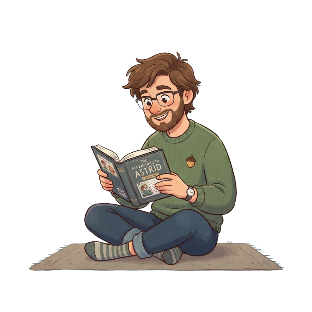 A smiling man with glasses and a beard sitting on the floor reading an open book titled The Adventures of Astrid.