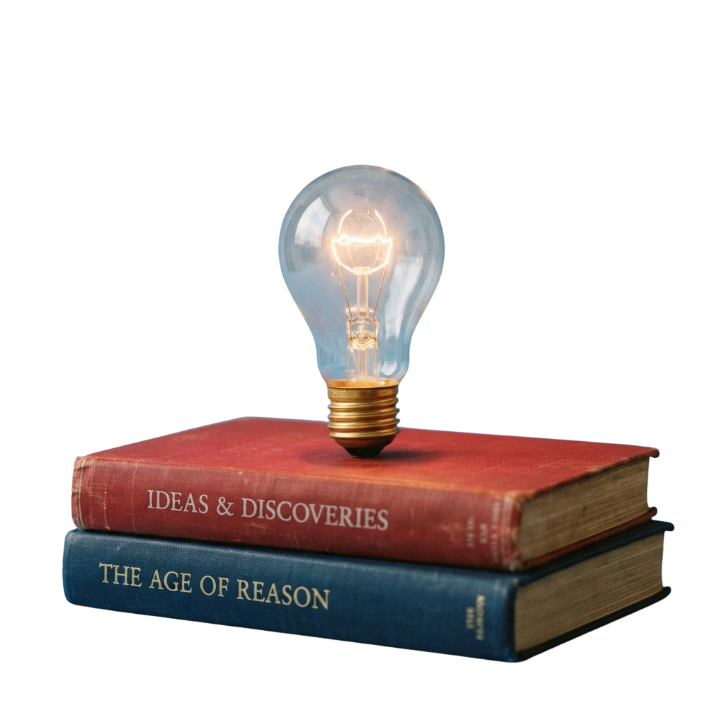A glowing lightbulb placed on top of two stacked books labeled Ideas & Discoveries and The Age of Reason