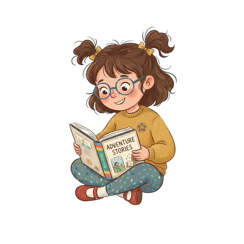 A smiling child with glasses and pigties reading an adventure stories book.