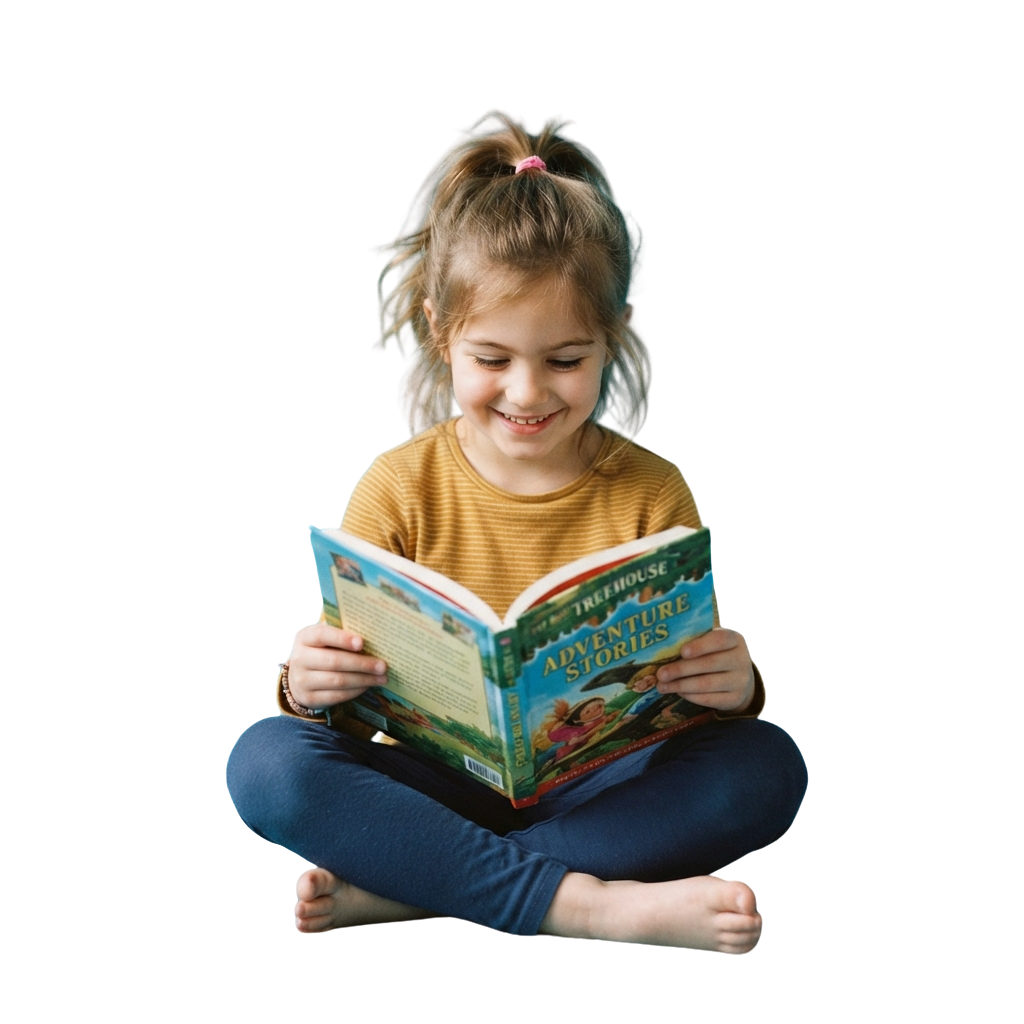 Smiling child with messy hair reading an open adventure book while sitting cross-legged
