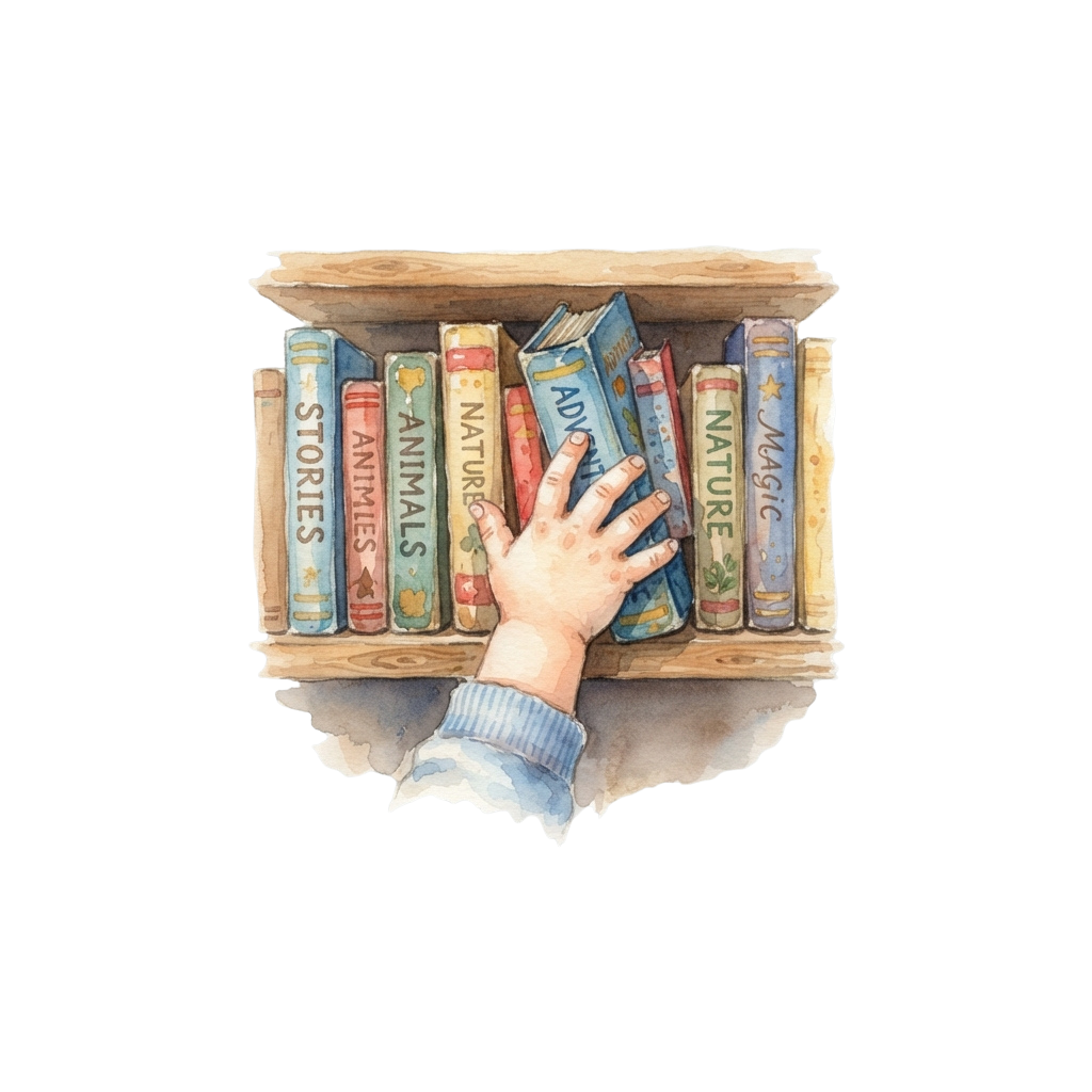 A child's hand reaching out to a wooden shelf filled with colorful children's books.