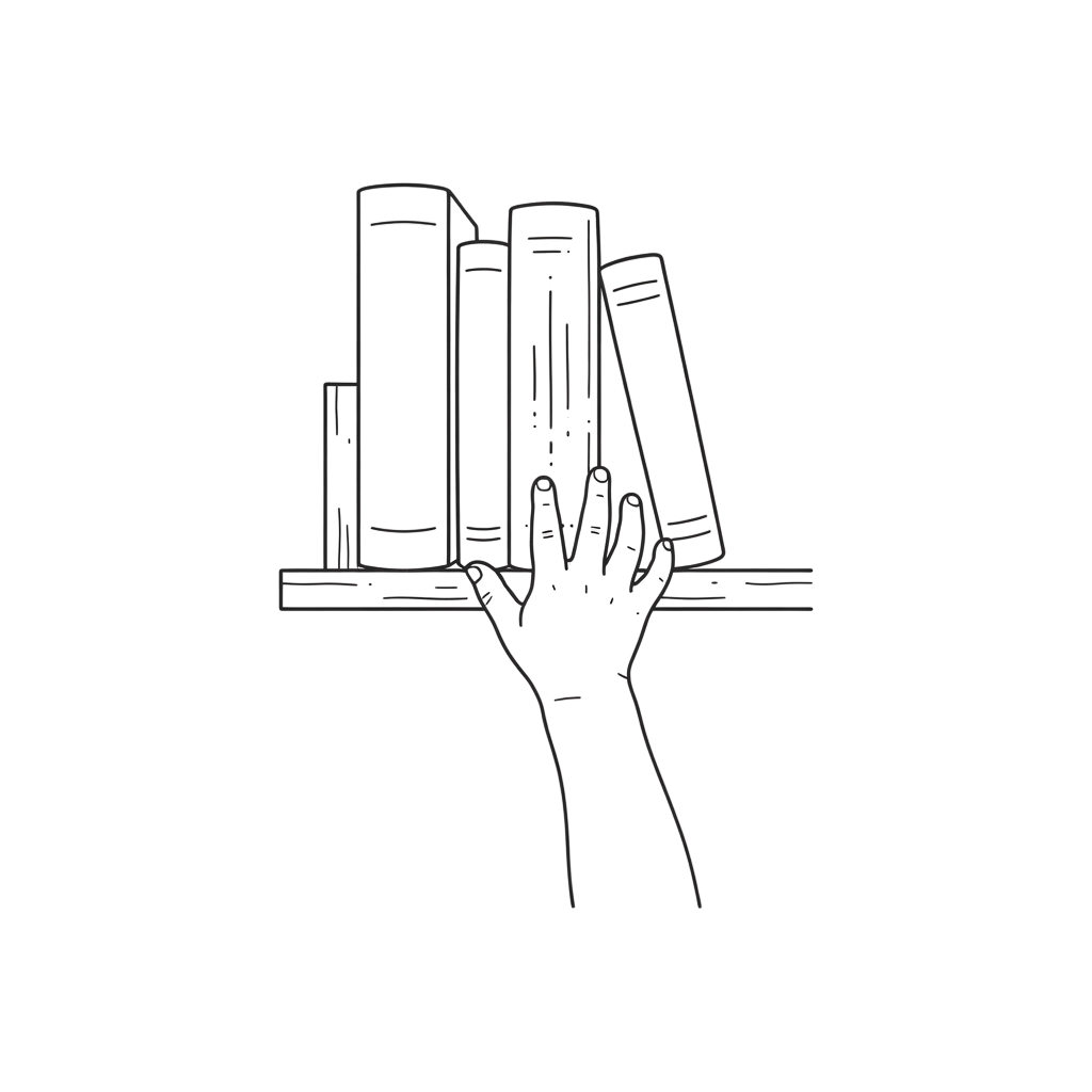 A simple line drawing of three stacked books with a person sitting and reading one of them.