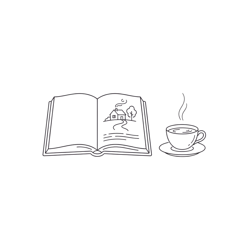 An open book showing a landscape illustration next to a steaming coffee cup on a saucer