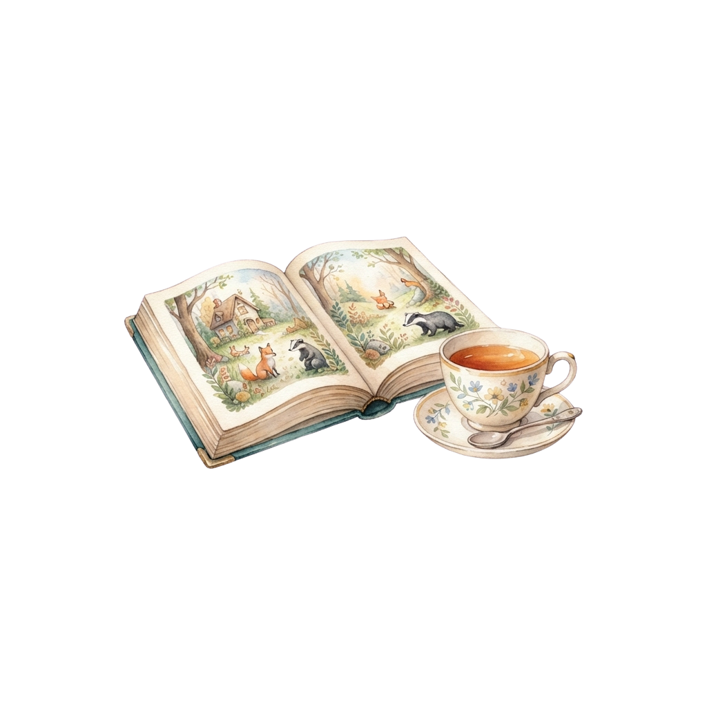 Open book with forest illustrations, a cup of tea on a saucer, and a spoon beside it.