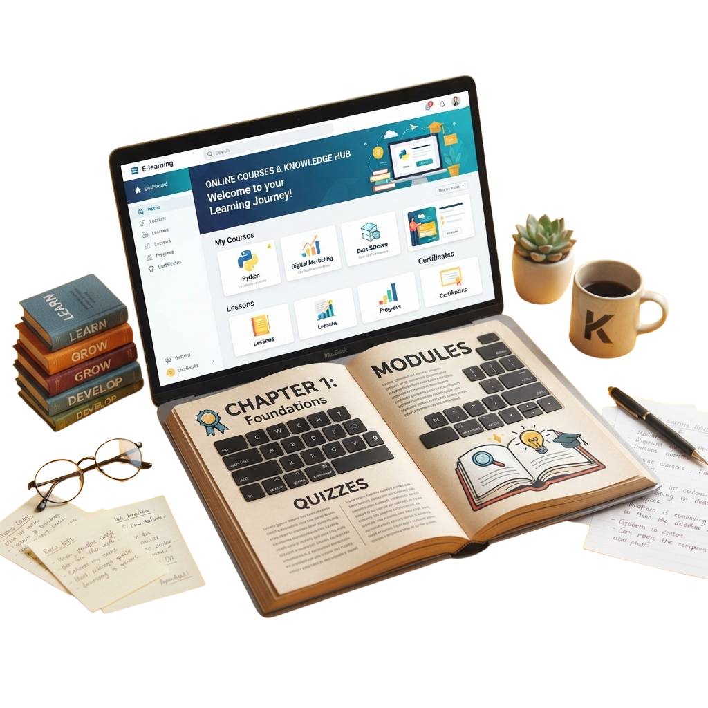 A workspace featuring an open laptop displaying an online course dashboard, an open book with study modules, books, a coffee cup, and notes.