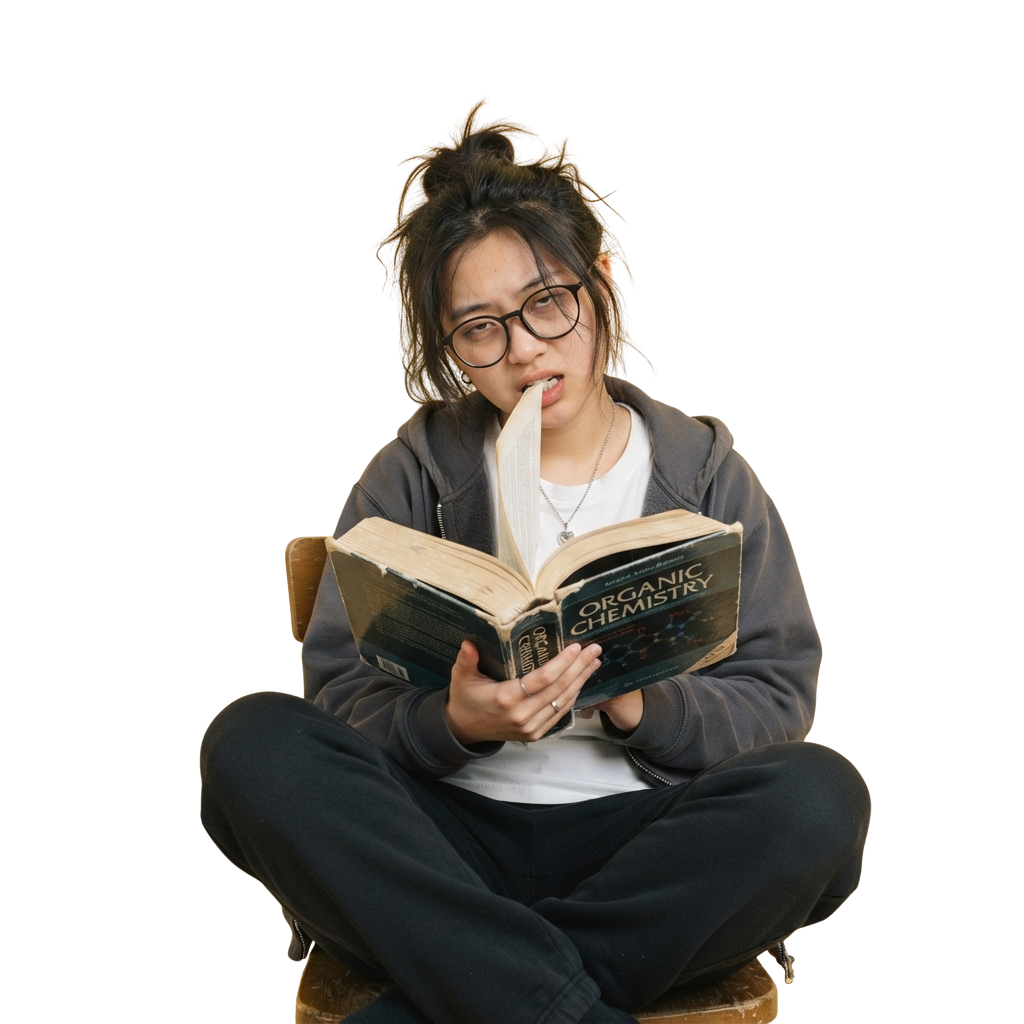 Person sitting and reading an organic chemistry textbook with a focused expression.