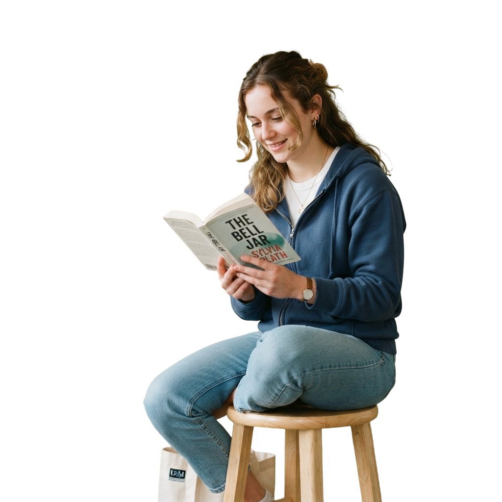 A person sitting on a stool reading an open book titled The Bell Jar with a smile.