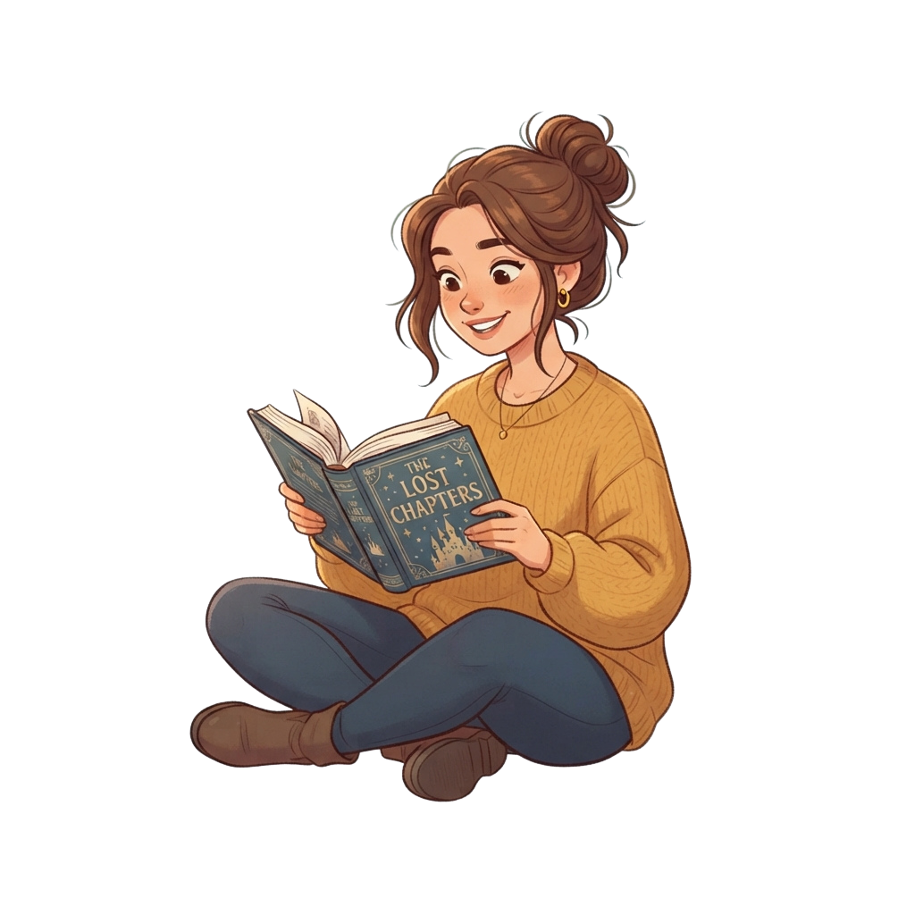 A cheerful girl with brown hair in a bun reading an open book titled The Lost Chapters while sitting cross-legged.