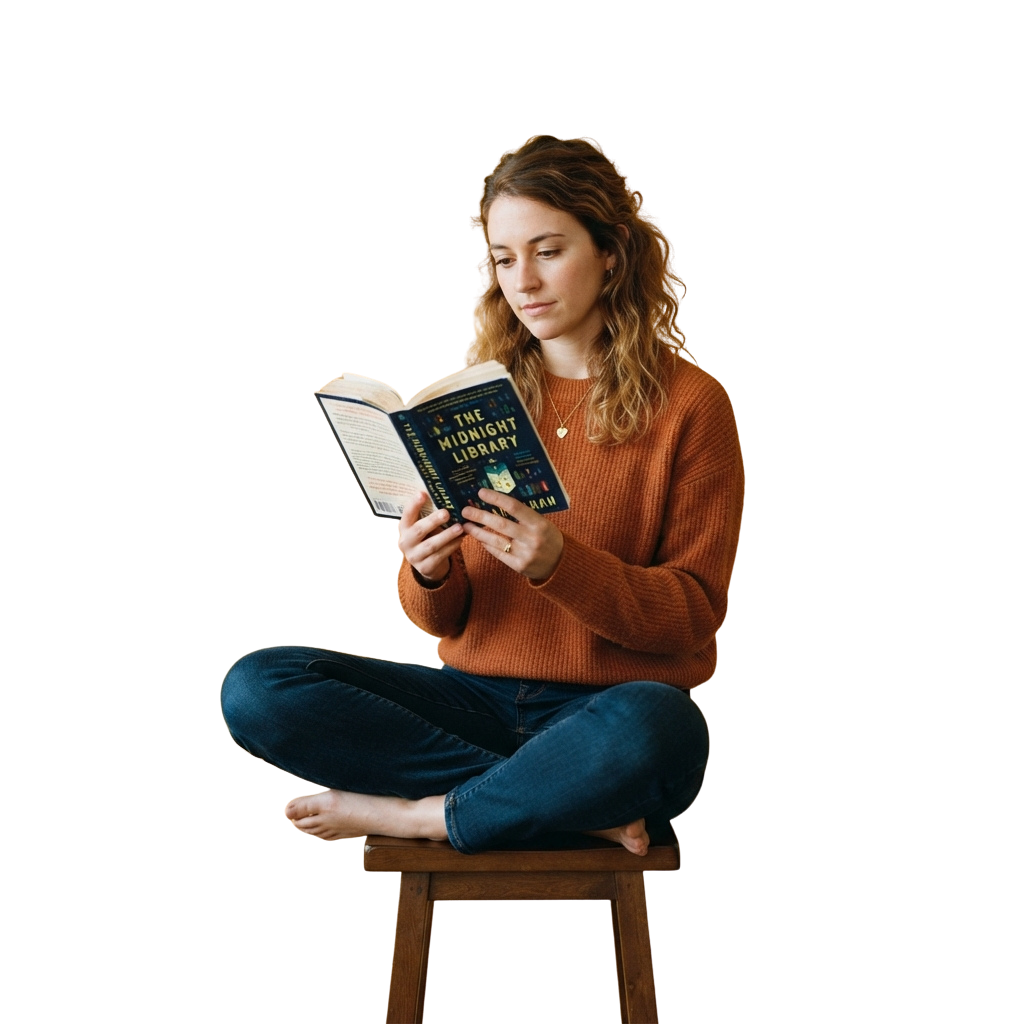 A person sitting on a stool reading an open book titled The Midnight Library, wearing a brown sweater and blue jeans.