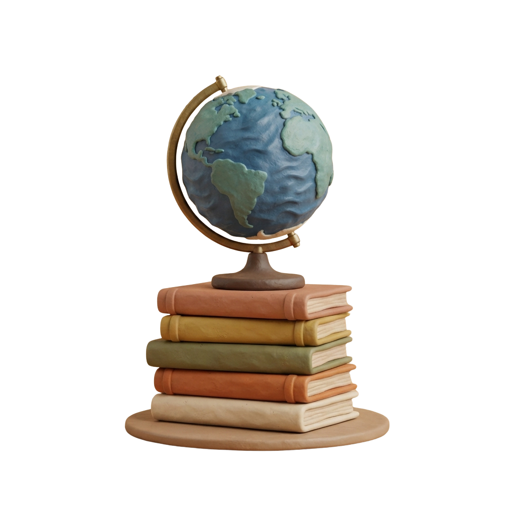 A globe on a stand placed atop a stack of four colorful books on a cake base