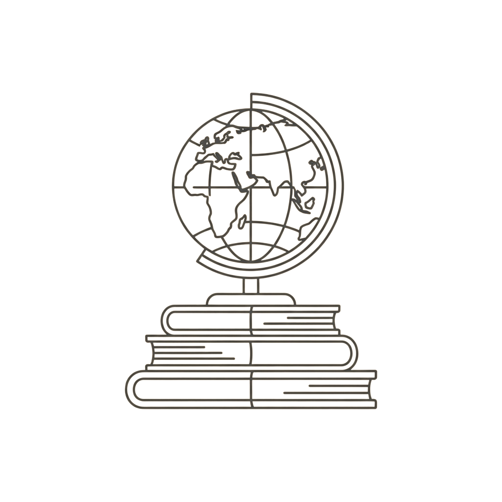 A globe resting on top of three stacked open books with visible pages