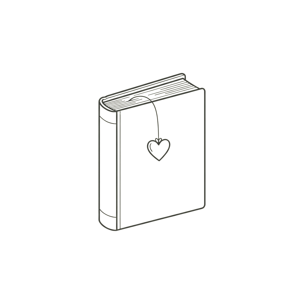 Open book with a heart-shaped pendant hanging from its top edge