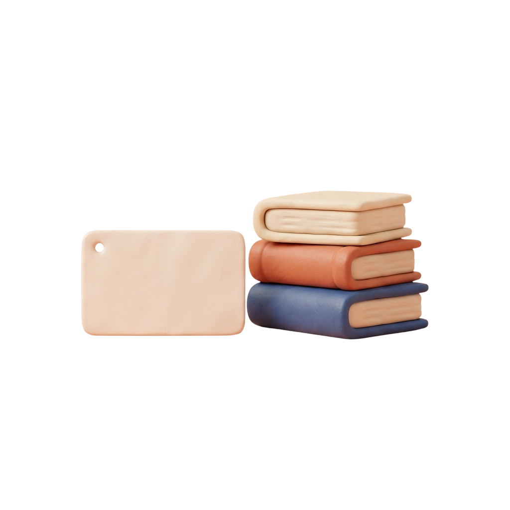A cream-colored bookmark and three stacked books in light blue, peach, and cream tones against a black background