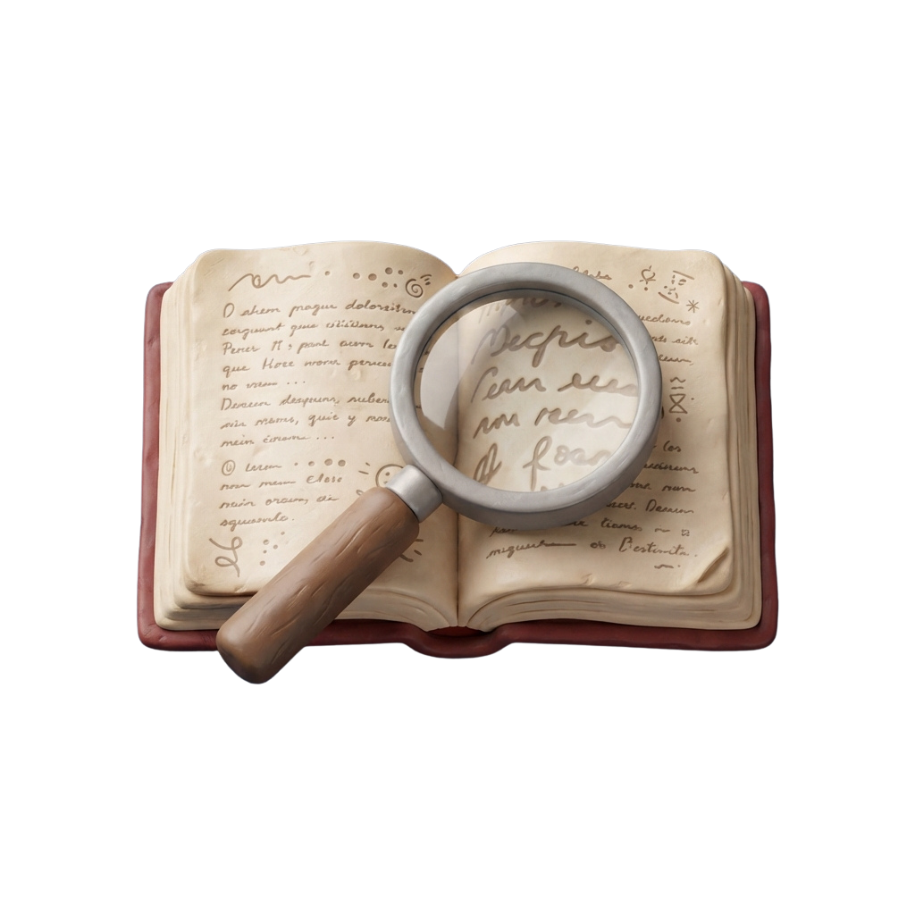 An open book with a magnifying glass resting on it, highlighting text on the page
