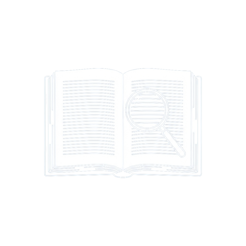 An open book with a magnifying glass hovering over the pages, emphasizing close examination or research.