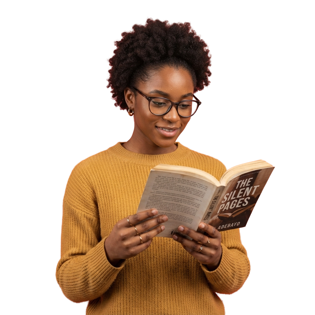 A woman with glasses and curly hair wearing a mustard sweater reads an open book titled The Silent Pages.