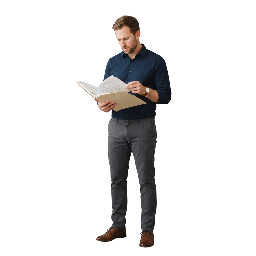 A man in a blue shirt and gray pants reading an open document intently.