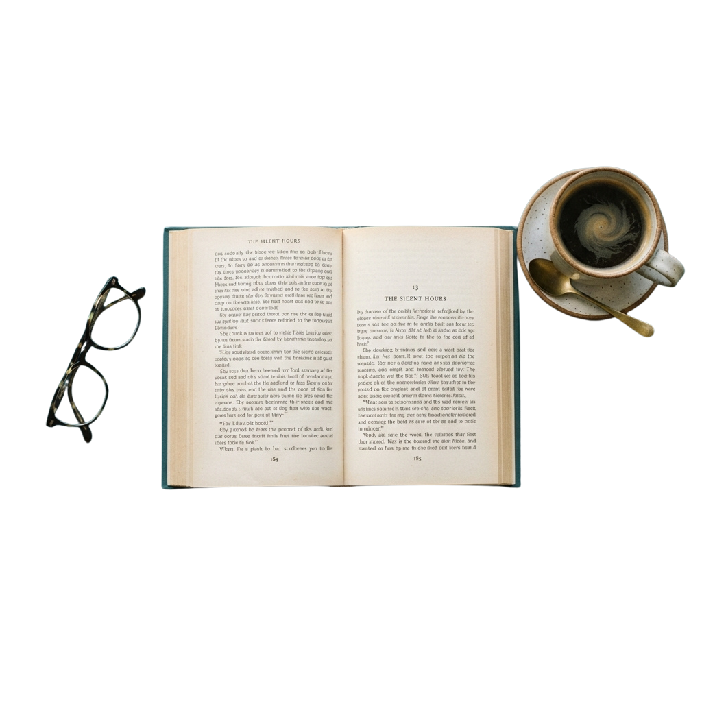 Open book titled The Silent Hours with a cup of coffee and glasses on a dark background