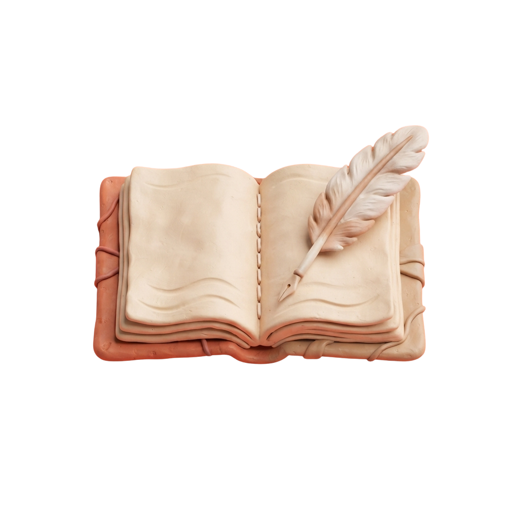 An open book sculpture with a quill feather resting on the right page, detailed with textured pages and a decorative base.