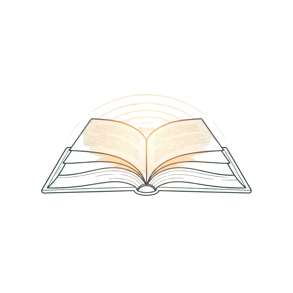 An open book with glowing pages emitting light against a dark background